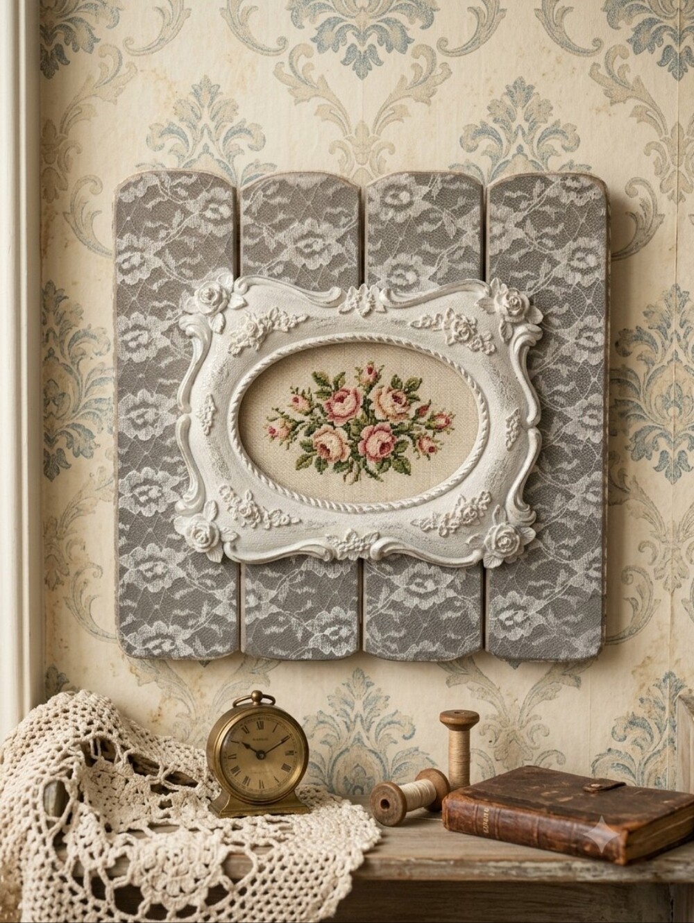 Shabby Chic Lace Pattern Slatted Wall Decor with Ornate Frame